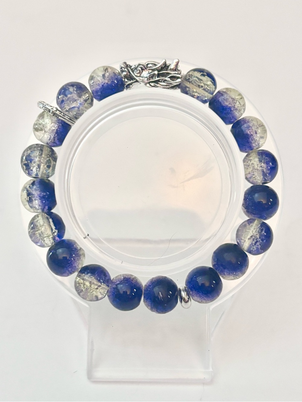 Handmade Blue/Gold Crackle Beaded Glass Bracelet with Silver Dragon Accent